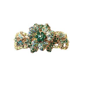 Gold Tone Filagree Green Crystal Floral Barrette